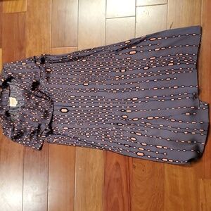 Drapey Collar silk dress grey and coral abstract pattern